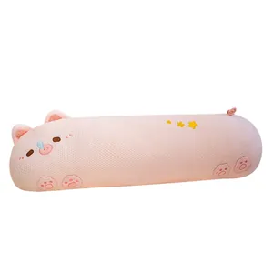 Cute pink ice silk long cylindrical pillow featuring cartoon pig face and stars