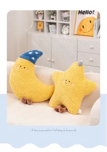 Cute yellow star and moon plush pillows with soft fleece texture for bedroom decor