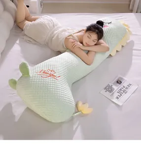 Almohada larga de dinosaurio verde claro con tela 3D refrescante de diseño ergonómico
