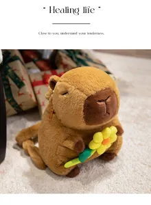 Close-up detail of a soft capybara plush backpack holding a bright yellow flower toy