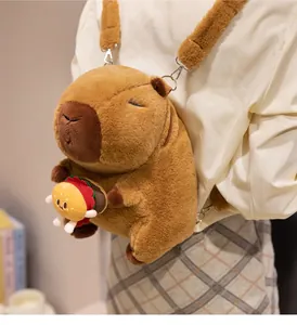Close-up view of a brown plush Capybara backpack with a cute burger charm accessory