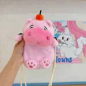 Detailed view of the cute pink capybara plush crossbody phone bag with furry texture