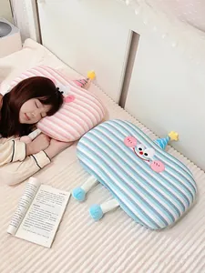 Asian woman sleeping on a pink striped cute character memory foam pillow in a cozy bed