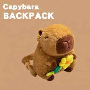 Adorable brown capybara plush backpack holding a yellow flower toy for kids and adults