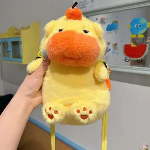 Cute yellow capybara plush phone bag with soft fuzzy texture and apple ornament detail