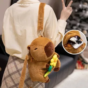 Adorable brown Capybara plush crossbody bag with flower detail and soft plush strap