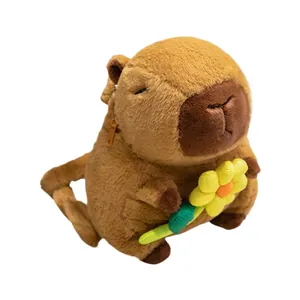 Cute brown capybara plush backpack with yellow flower detail for kids and toddlers.