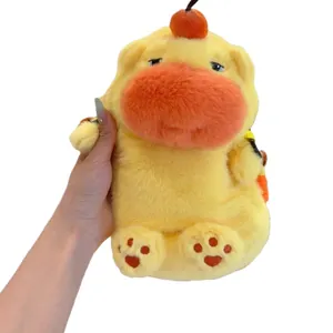 Adorable yellow plush capybara phone bag with sleepy expression and soft texture