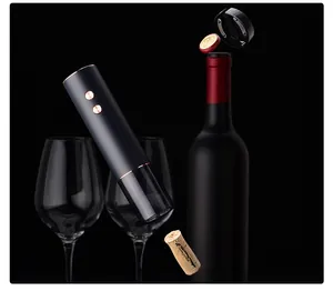 Professional action shot of a rechargeable electric wine opener with bottle and cork
