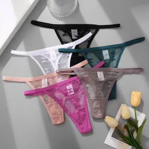 Close-up of colorful sheer lace thong panties with bow patterns.