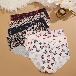 Women's Seamless Ice Silk Briefs Low Waist Printed Panties Cute Butterfly Leopard Lips Heart Cute Underwear