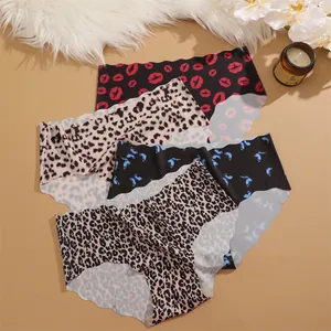 Women seamless printed mid-waist panties set, ice silk breathable underwear multipack.