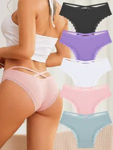 Fünf Farben gerippte Baumwollslips mit Spitzenbesatz und niedlichen Schleifen-Details