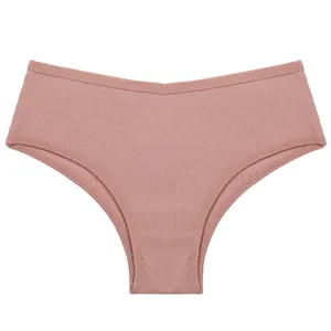 Close-up detail of pink ribbed cotton panties featuring a V-shaped waistband design.
