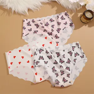 Women's ice silk seamless mid-waist briefs cute butterfly and heart print underwear multipack
