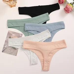 Set of five colorful ribbed cotton thongs with a low-waist design and elastic fit.