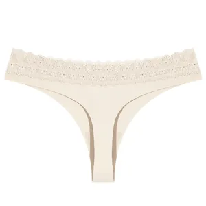 Perizoma in pizzo color nudo da donna, tessuto traspirante senza cuciture per yoga e sport