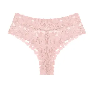 Sexy pink floral lace thong panties for women with comfortable mid-waist design