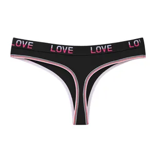 String sexy en coton côtelé noir à taille basse avec taille élastique imprimée LOVE