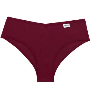 Detailed view of women's ribbed cotton V-waist high-cut panties in deep burgundy red.
