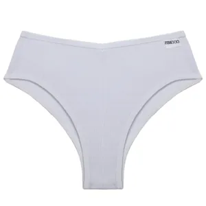 Detailed macro view of white ribbed cotton women's panty featuring FINETOO brand label