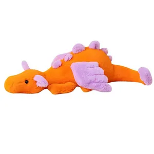 Morbido peluche a forma di drago arancione con ali viola, lungo cuscino abbraccio per bambini