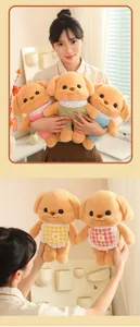 Adorable poodle plush toys in colorful outfits shown with model for size comparison.