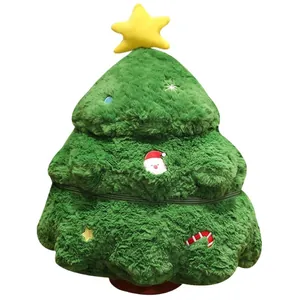 Cuscino a forma di albero di Natale in peluche con decorazioni Babbo Natale e stelle