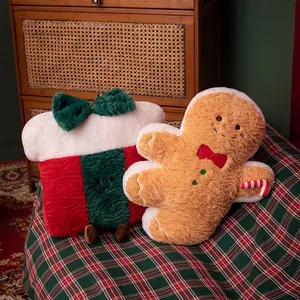 Christmas gingerbread man and red gift box plush pillows holiday home decorations