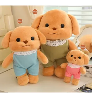 Three butter poodle plush toys in 40cm, 30cm, and 20cm sizes with cute outfits
