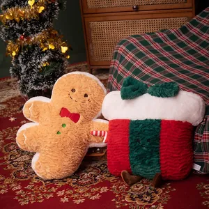 Gingerbread man and Christmas gift box plush pillows for festive holiday home decoration