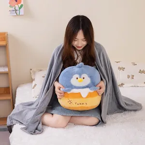 Cojín de peluche de pingüino 2 en 1 con manta de franela gris para hogar y oficina