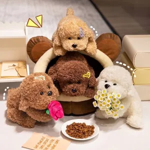 Süßes Simulations-Pudel-Plüschtier-Set in drei Farben mit passendem Tierbett für Kinder.