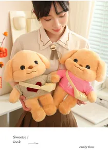Cute butter poodle plush toys in sweaters held by a girl in a cozy indoor detail shot