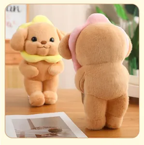 Detailed view showing front and back of cute poodle plush toy with flower headband