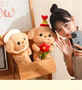 Close-up of an Asian model holding a cute poodle plush toy with a heart birthday hat