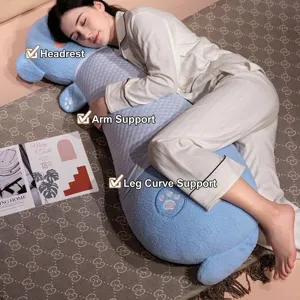 Soft blue cat shaped long body pillow for side sleepers featuring cooling bean fabric texture