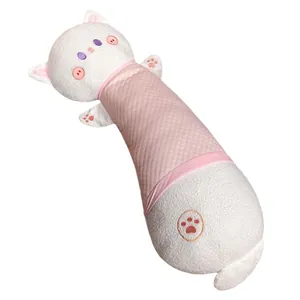 Cute long cartoon cat plush pillow for side sleeping featuring pink breathable mesh fabric