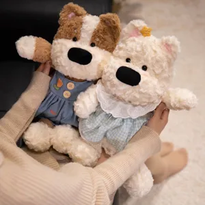 Two cute fluffy puppy dog plush toys dressed in adorable outfits for children gift