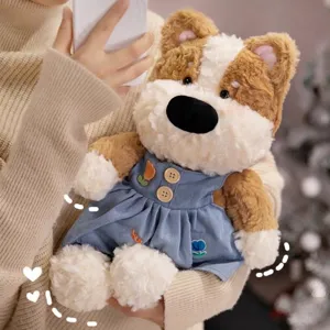 Adorable corgi dog plush doll wearing a blue denim floral dress, soft stuffed animal toy gift.