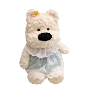 Adorable West Highland White Terrier plush toy wearing a blue checkered lace dress