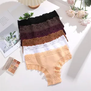 Detailed view of comfortable cotton bikini panties with delicate floral lace trim in multiple colors