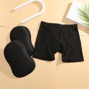 Flat lay detail of breathable mesh butt lifter panties with two removable foam hip pads.