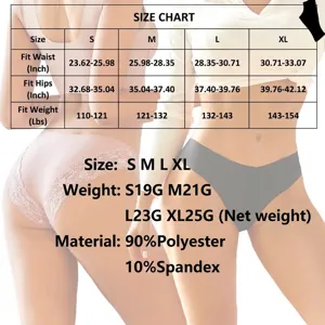 Comprehensive size chart and material details for women's seamless lace panties.