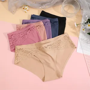 Seamless quick-dry bikini panties featuring elegant lace patchwork in multiple colors