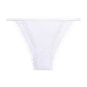 Detailed macro view of white ribbed cotton panties featuring delicate floral lace trim