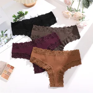 Detailed macro view of women's cotton bikini panties featuring elegant floral lace trim