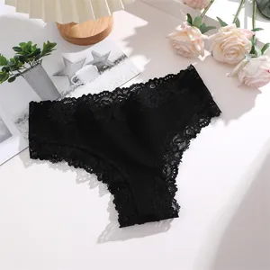 Close-up view of black cotton bikini panties featuring elegant floral lace trim for women