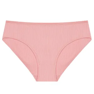 Comfortable pink ribbed cotton low waist briefs for women with breathable fabric design