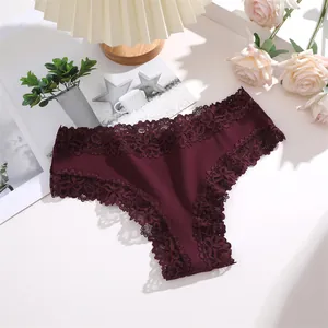 Elegant burgundy cotton bikini panties with delicate floral lace trim detail for women
